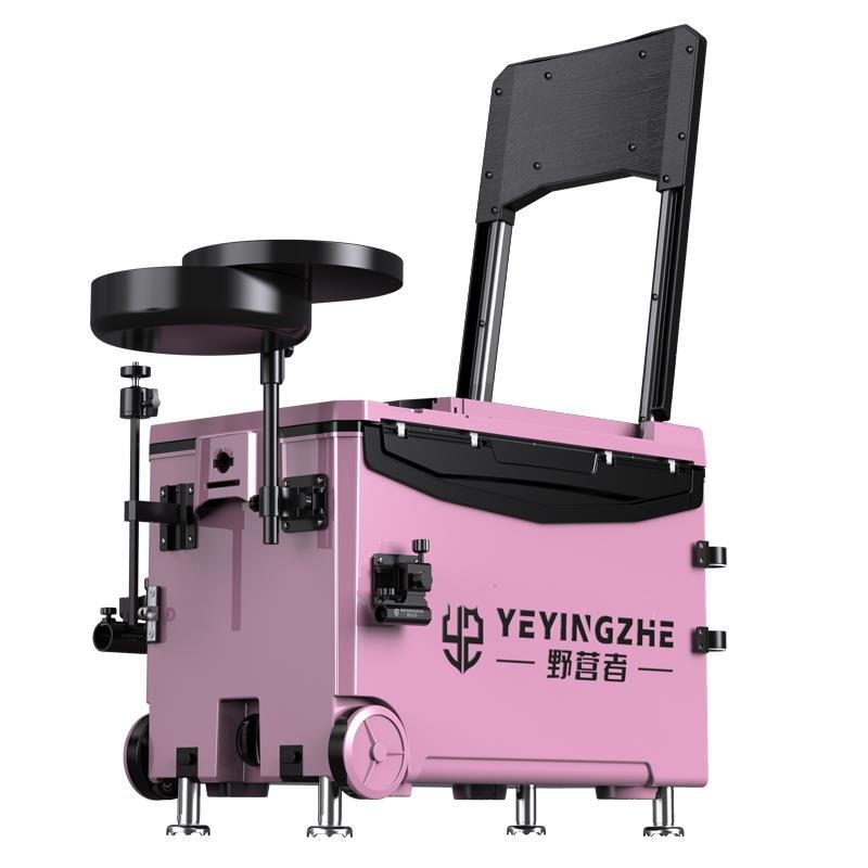A NEW, EXTRA-LEGGED, FIVE-LEGGED, FIVE-L FISHING BOX FULL OF MULTI-PURPOSE, PINK-FISHING-BOX, FISH-FISHING DRUMS